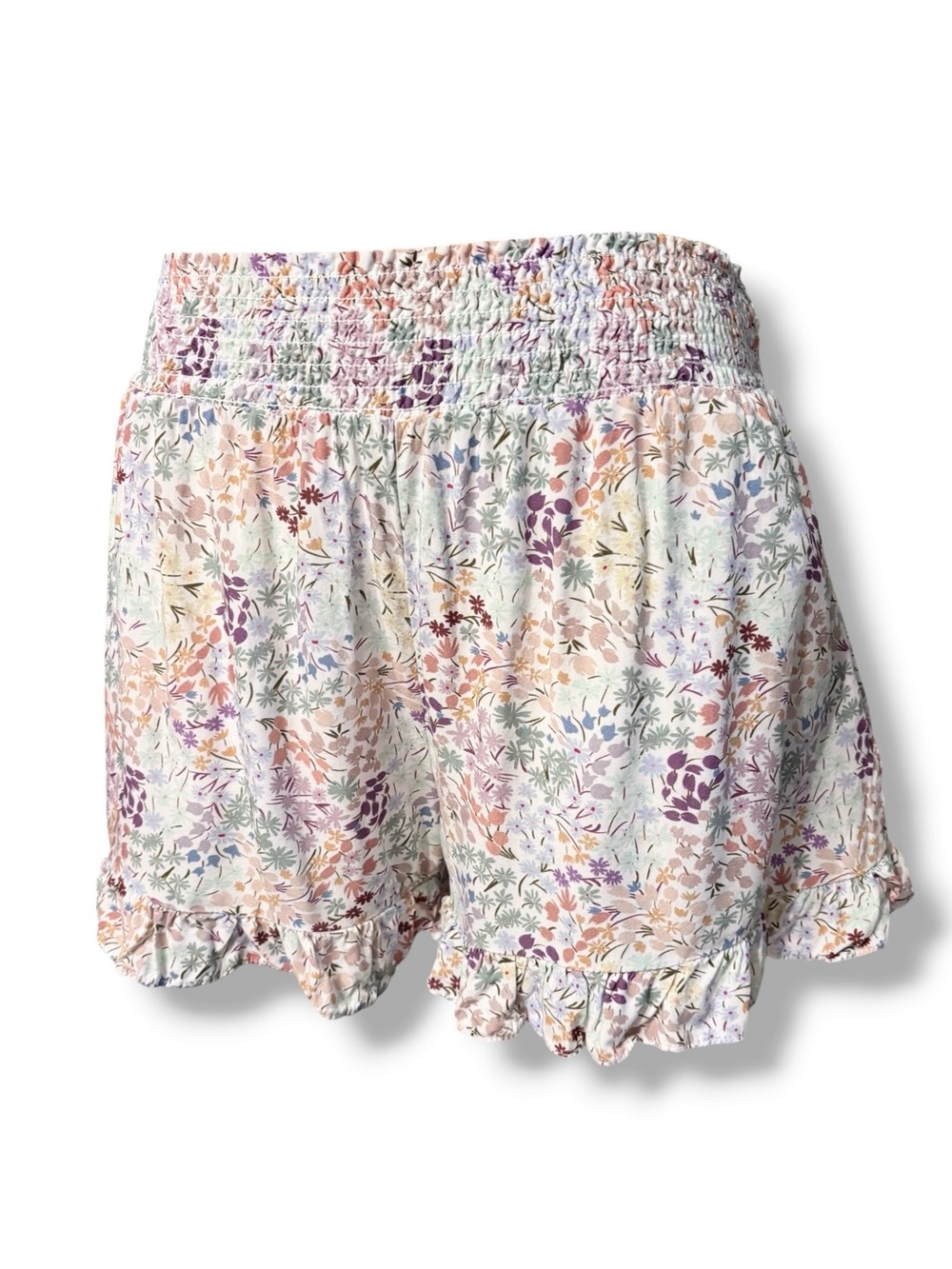SHORE Multi-Color Floral Boho Shorts Smocked Elastic Waistband Ruffle Edges